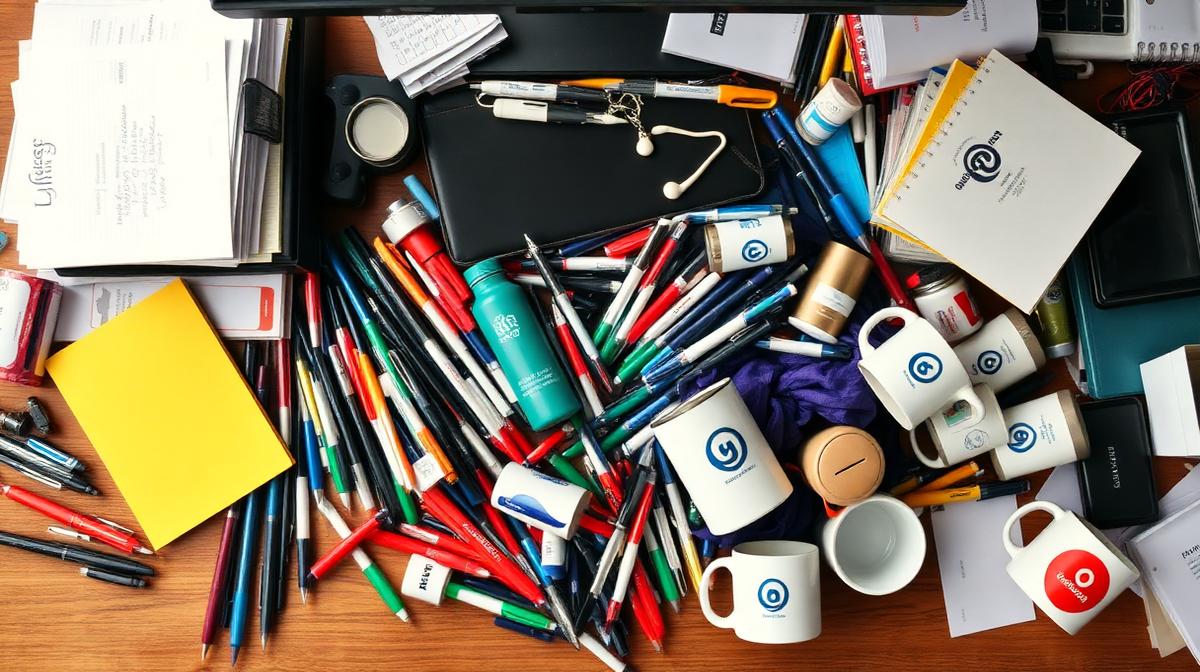 Mesa de escritório com brindes genéricos empilhados — canetas, cadernos e squeezes corporativos