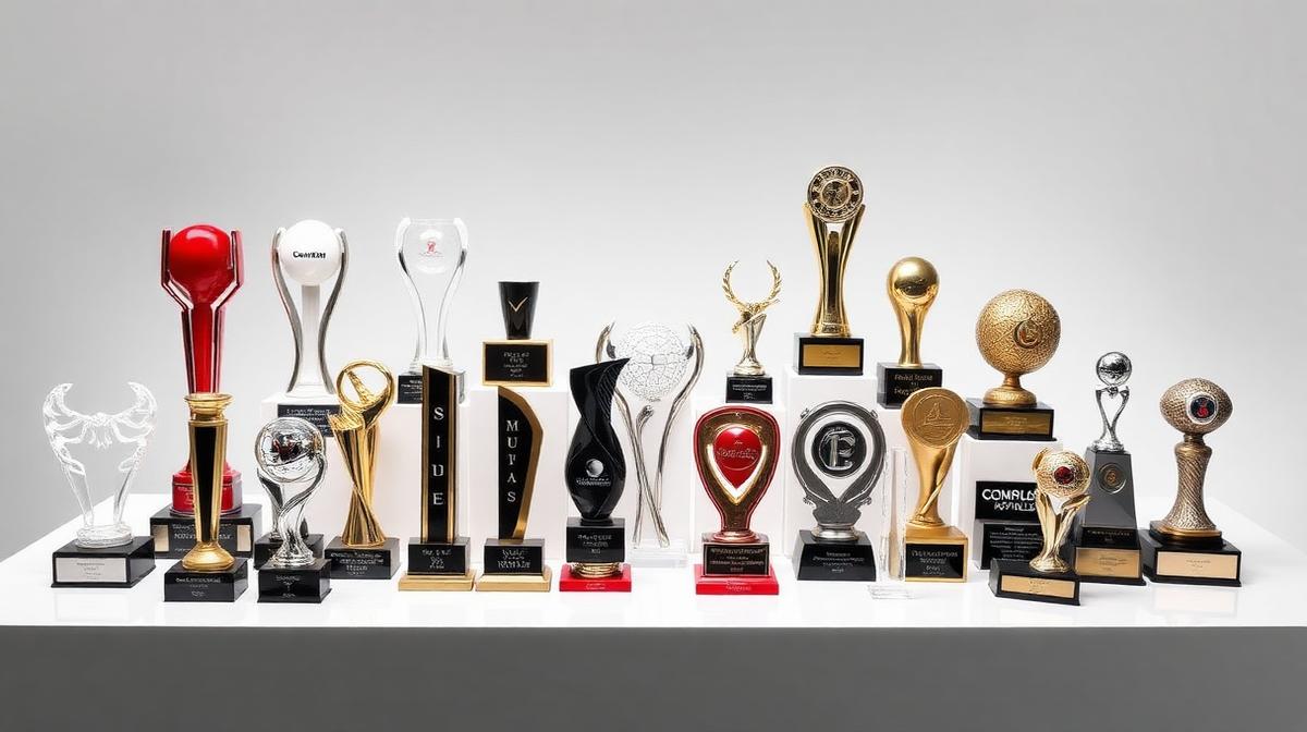 Coleção de troféus e peças corporativas personalizadas da ArtTech 3D em exposição