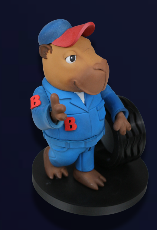 Mascote miniatura personalizado da Brandão Autopeças, produzido em impressão 3D pela ArtTech 3D