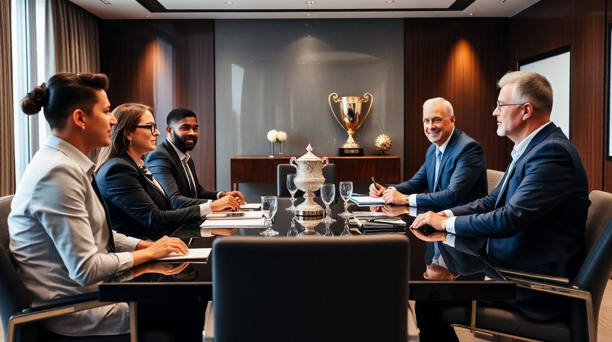 Reunião de negócios em sala executiva com peça decorativa visível ao fundo