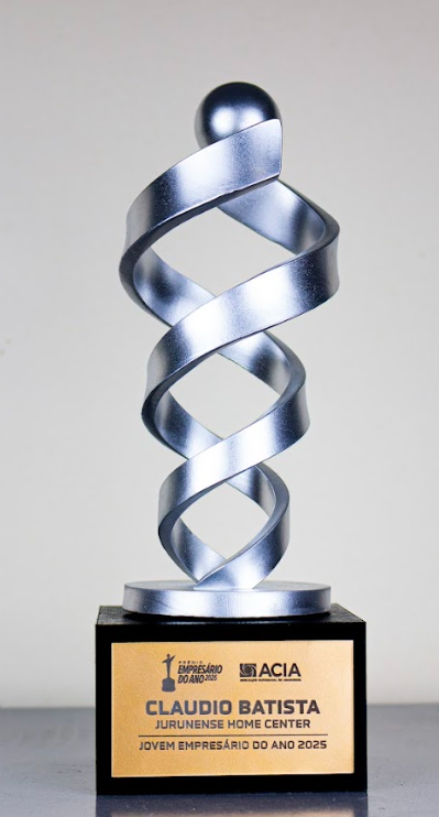 Troféu prata Jovem Empresário do Ano 2025 - design helicoidal exclusivo em impressão 3D pela ArtTech 3D