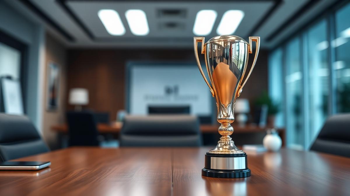 Troféu personalizado ArtTech 3D sobre mesa de escritório — outdoor de mesa