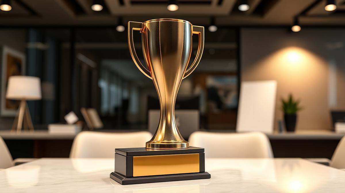 Troféu corporativo personalizado em impressão 3D sobre mesa executiva